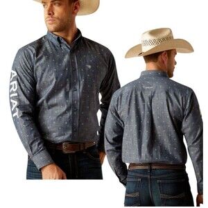 ARIAT TEAM EVERETT Sz XXL Embroidered Logo L/S Blue Button Down Western Shirt